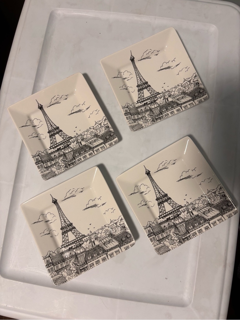222 Fifth Black and Cream Paris Eiffel Tower Square Appetizer Plates (Set of 4)